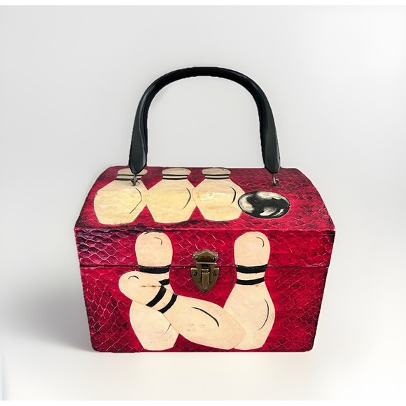 Handmade Handbags - Vintage Rockabilly Bowling Decoupage Wooden Box Purse Handbag Red & Black OOAK!